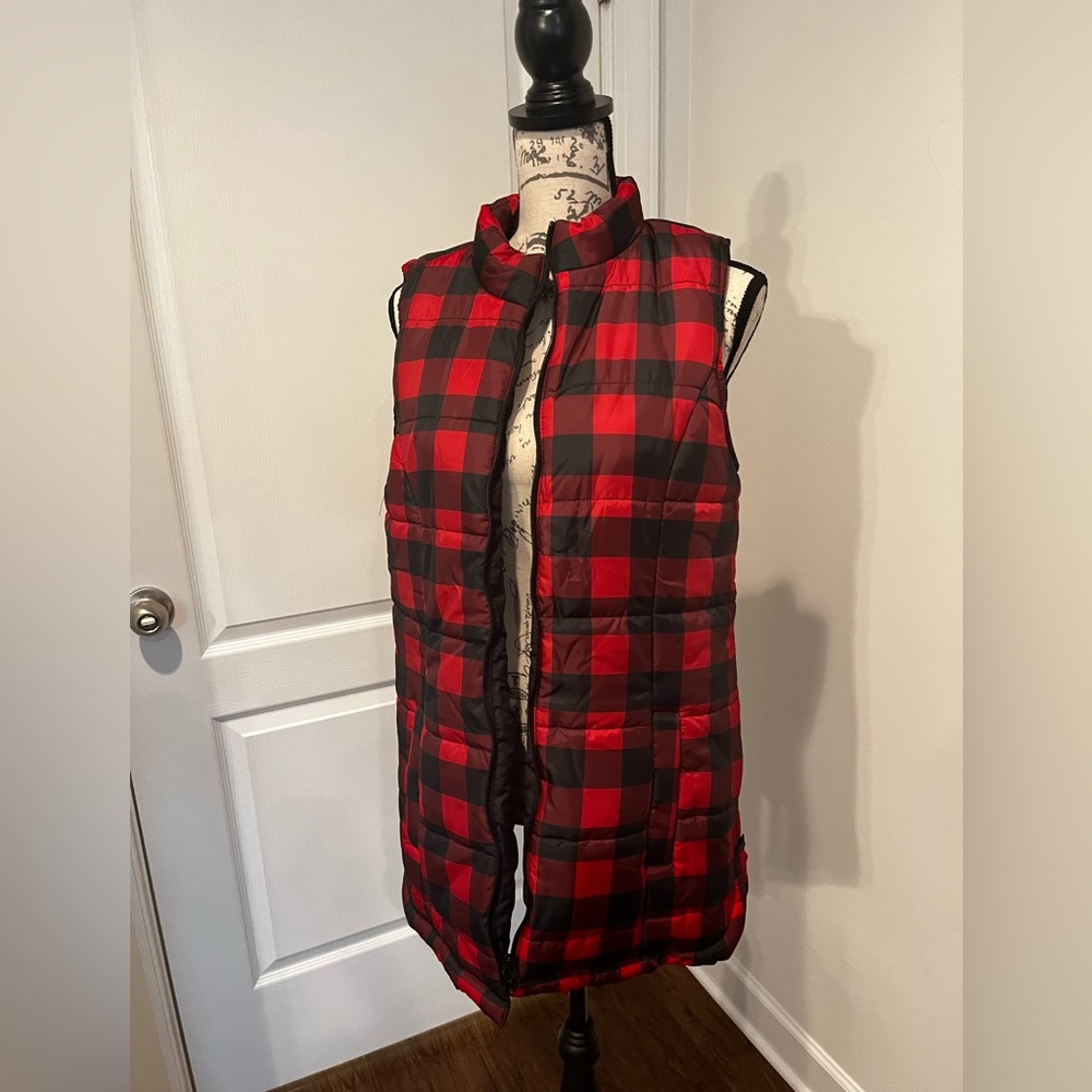 Red and black checkered puffy vest